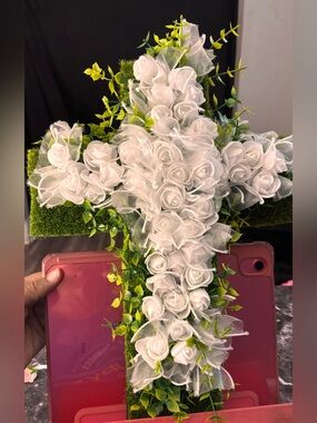 Hand Crafted White Rose Cross Wall Accent with Greenery